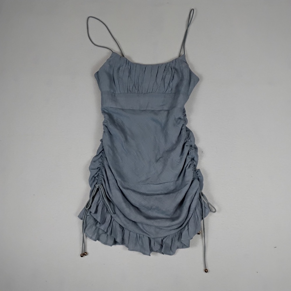 Selfie Leslie Mini Dress XS Blue Gray Ruched Ruffle Bodycon Drawstring Dress